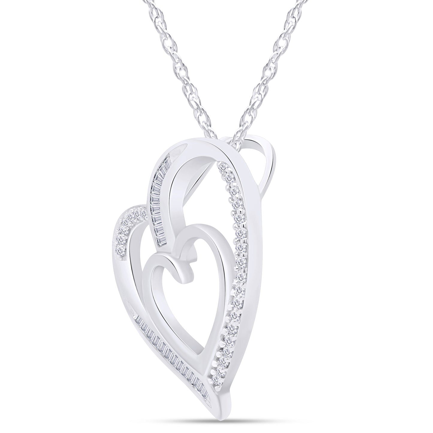 Baguette & Round Cut White Natural Diamond Double Heart Pendant Necklace In 925 Sterling Silver (0.16 Cttw)