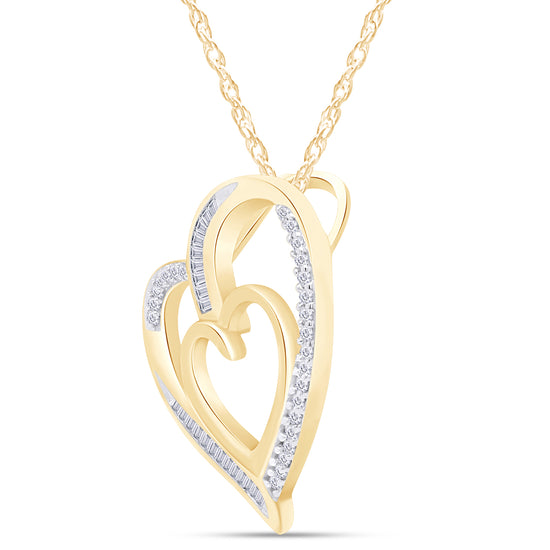 Baguette & Round Cut White Natural Diamond Double Heart Pendant Necklace In 925 Sterling Silver (0.16 Cttw)