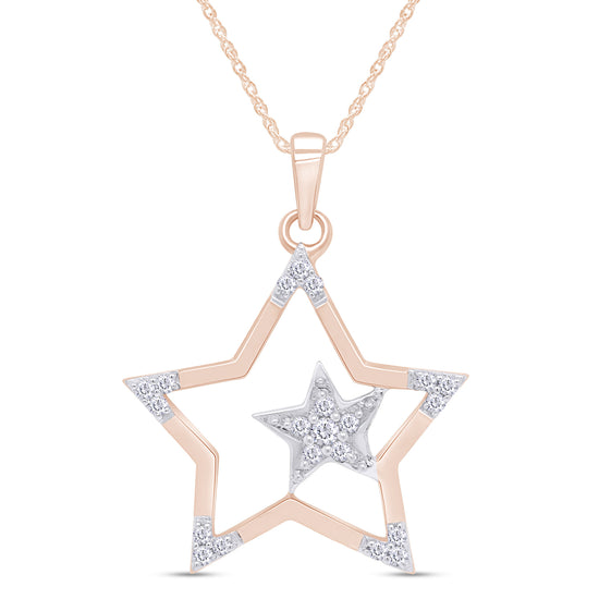 1/8 Carat Round White Natural Diamond Two Tone Double Star Pendant Necklace In 925 Sterling Silver