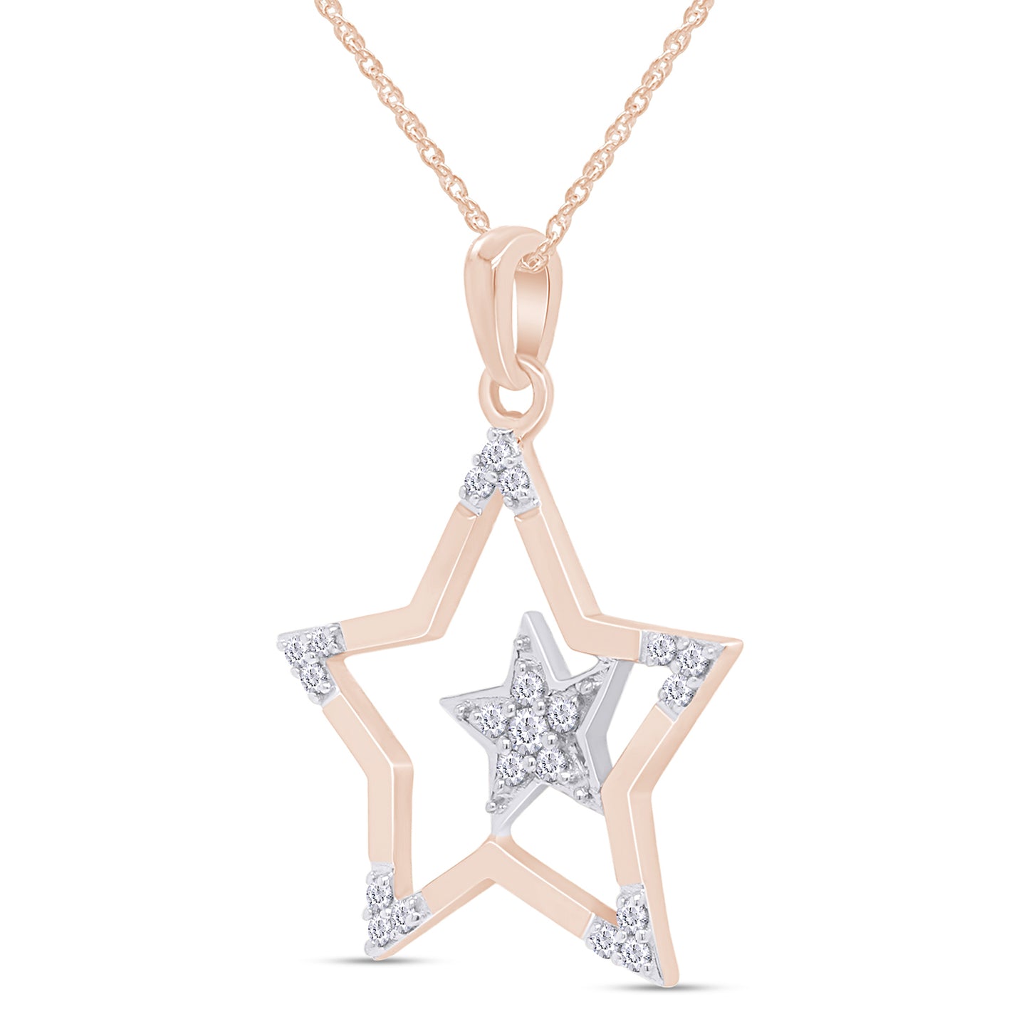 1/8 Carat Round White Natural Diamond Two Tone Double Star Pendant Necklace In 925 Sterling Silver