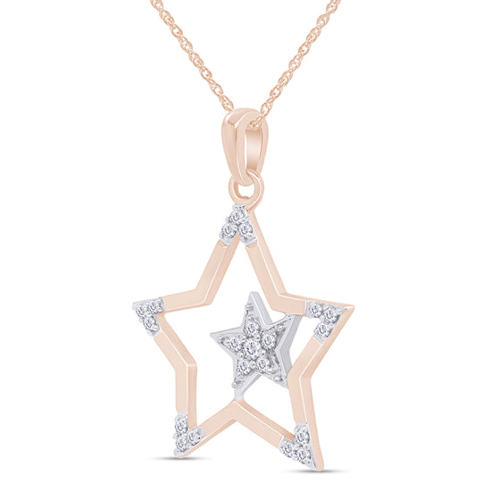 1/8 Carat Round White Natural Diamond Two Tone Double Star Pendant Necklace In 925 Sterling Silver