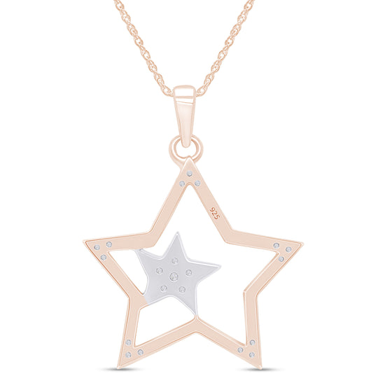 1/8 Carat Round White Natural Diamond Two Tone Double Star Pendant Necklace In 925 Sterling Silver