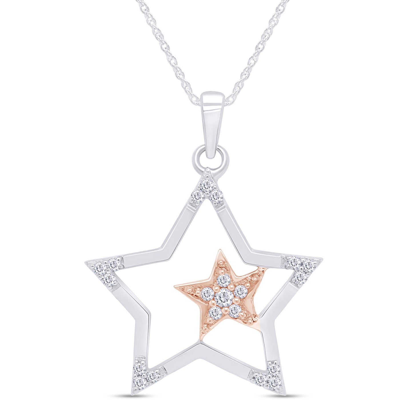 1/8 Carat Round White Natural Diamond Two Tone Double Star Pendant Necklace In 925 Sterling Silver