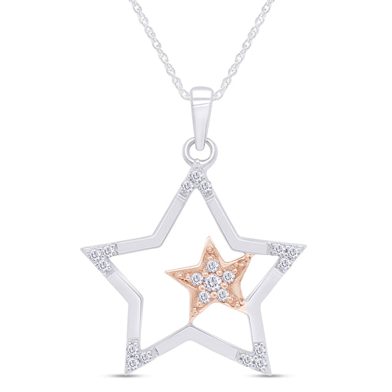 Load image into Gallery viewer, 1/8 Carat Round White Natural Diamond Two Tone Double Star Pendant Necklace In 925 Sterling Silver
