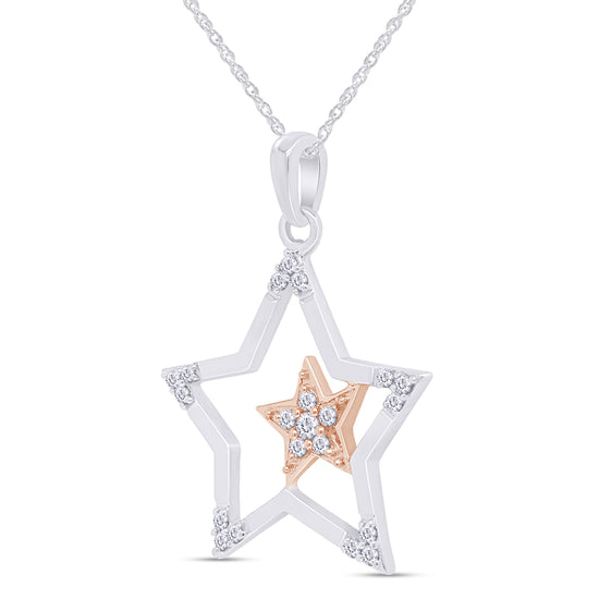 Load image into Gallery viewer, 1/8 Carat Round White Natural Diamond Two Tone Double Star Pendant Necklace In 925 Sterling Silver
