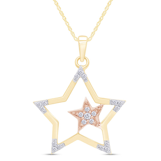 1/8 Carat Round White Natural Diamond Two Tone Double Star Pendant Necklace In 925 Sterling Silver