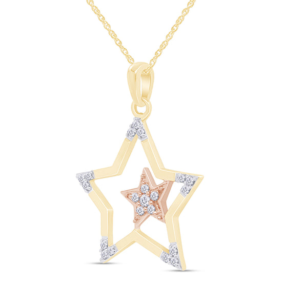 1/8 Carat Round White Natural Diamond Two Tone Double Star Pendant Necklace In 925 Sterling Silver