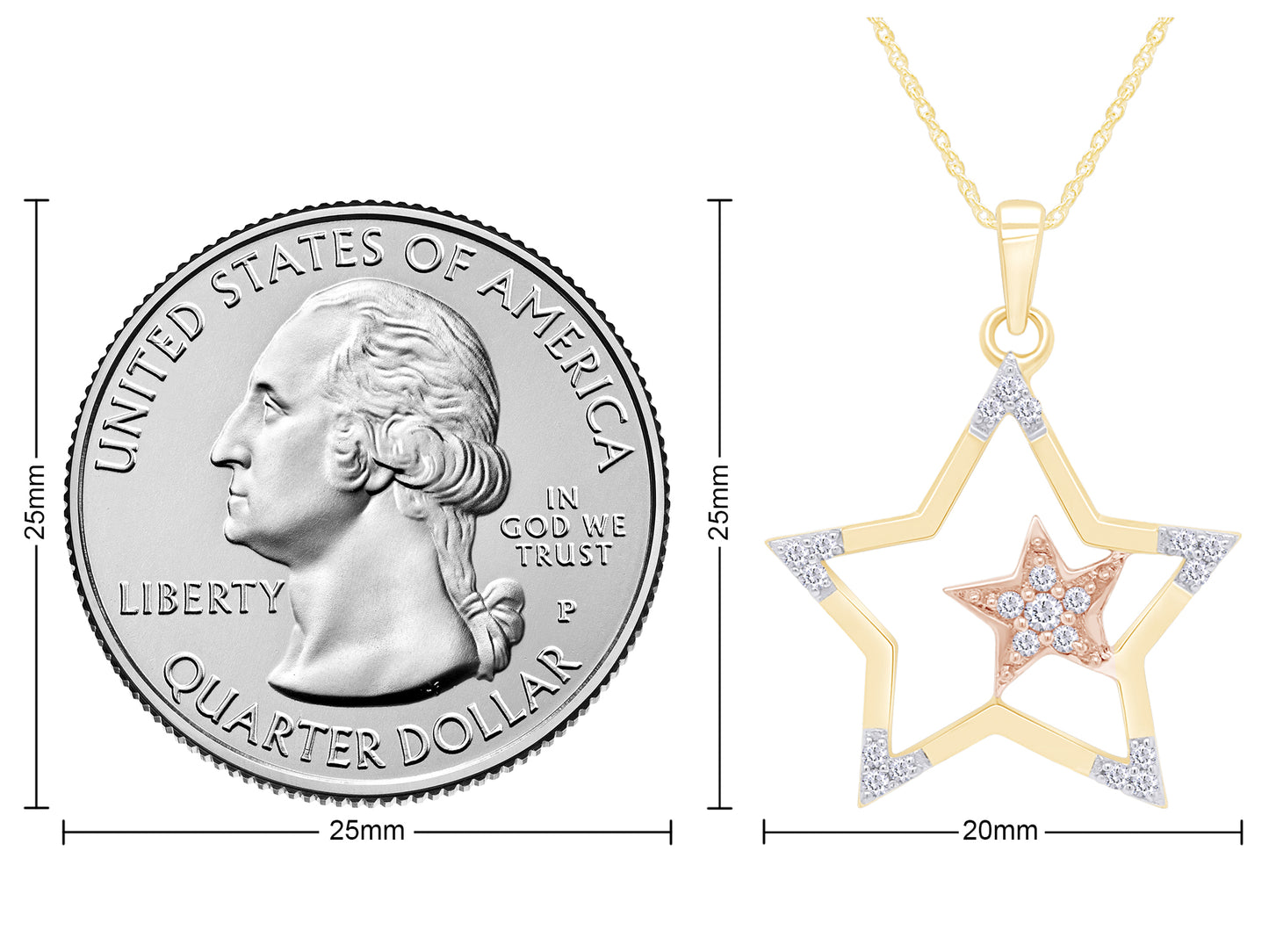 1/8 Carat Round White Natural Diamond Two Tone Double Star Pendant Necklace In 925 Sterling Silver