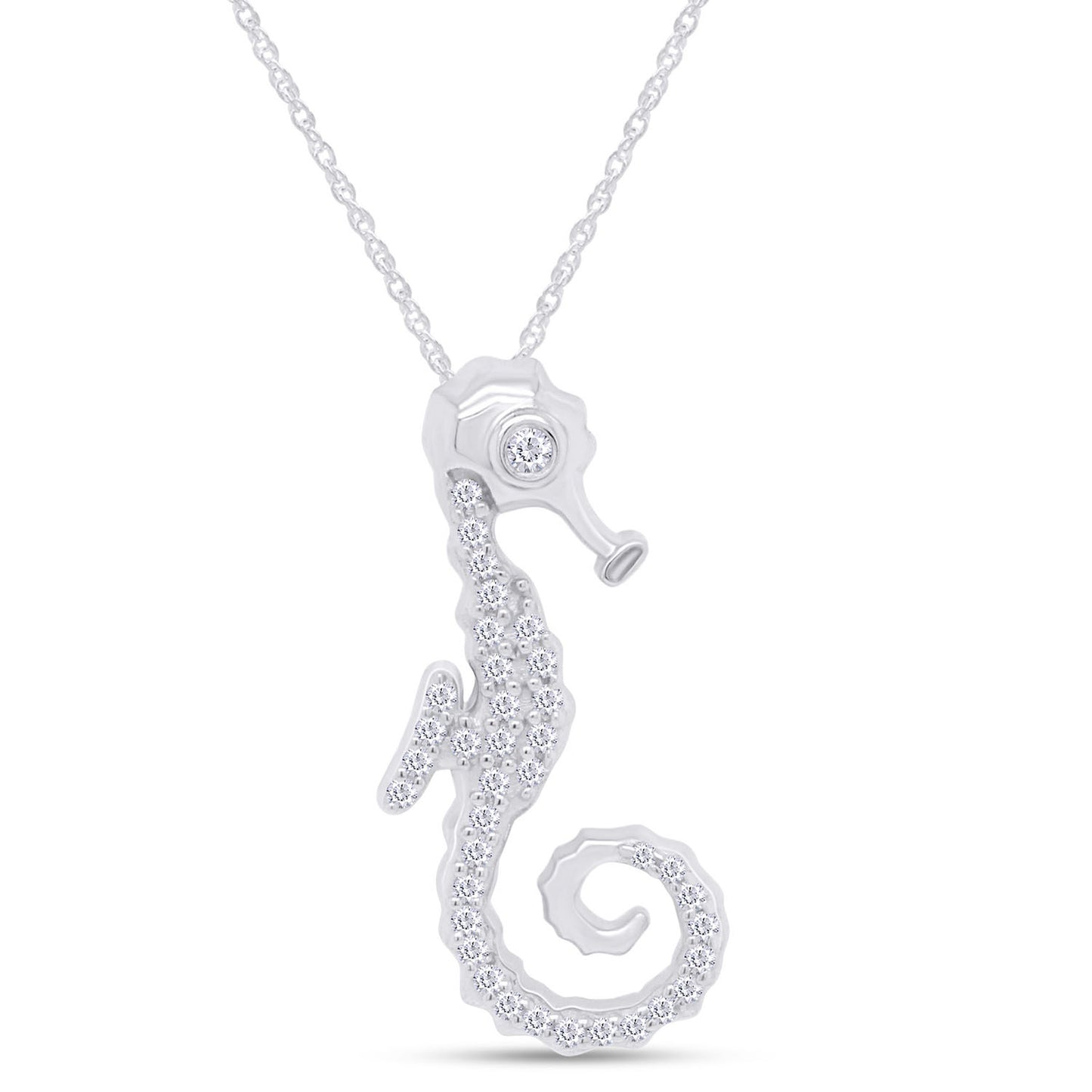 1/8 Carat Round White Natural Diamond Seahorse Pendant Necklace In 925 Sterling Silver