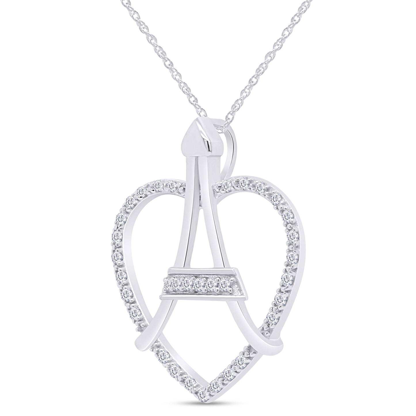 1/10 Carat Round White Natural Diamond Open Heart Eiffel Tower Pendant Necklace In 925 Sterling Silver