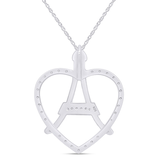 1/10 Carat Round White Natural Diamond Open Heart Eiffel Tower Pendant Necklace In 925 Sterling Silver