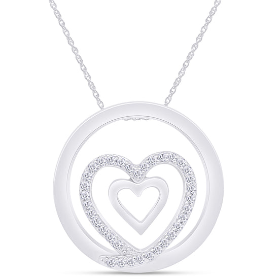 1/8 Carat Round White Natural Diamond Double Heart Circle Pendant In 925 Sterling Silver
