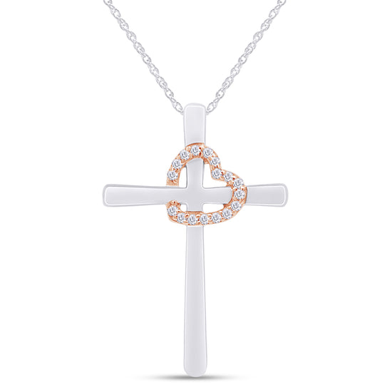 Round White Natural Diamond Accent Two Tone Cross With Tilted Heart Outline Pendant Necklace In 925 Sterling Silver (0.03 Cttw)