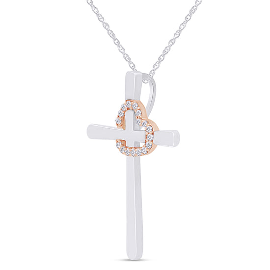 Round White Natural Diamond Accent Two Tone Cross With Tilted Heart Outline Pendant Necklace In 925 Sterling Silver (0.03 Cttw)