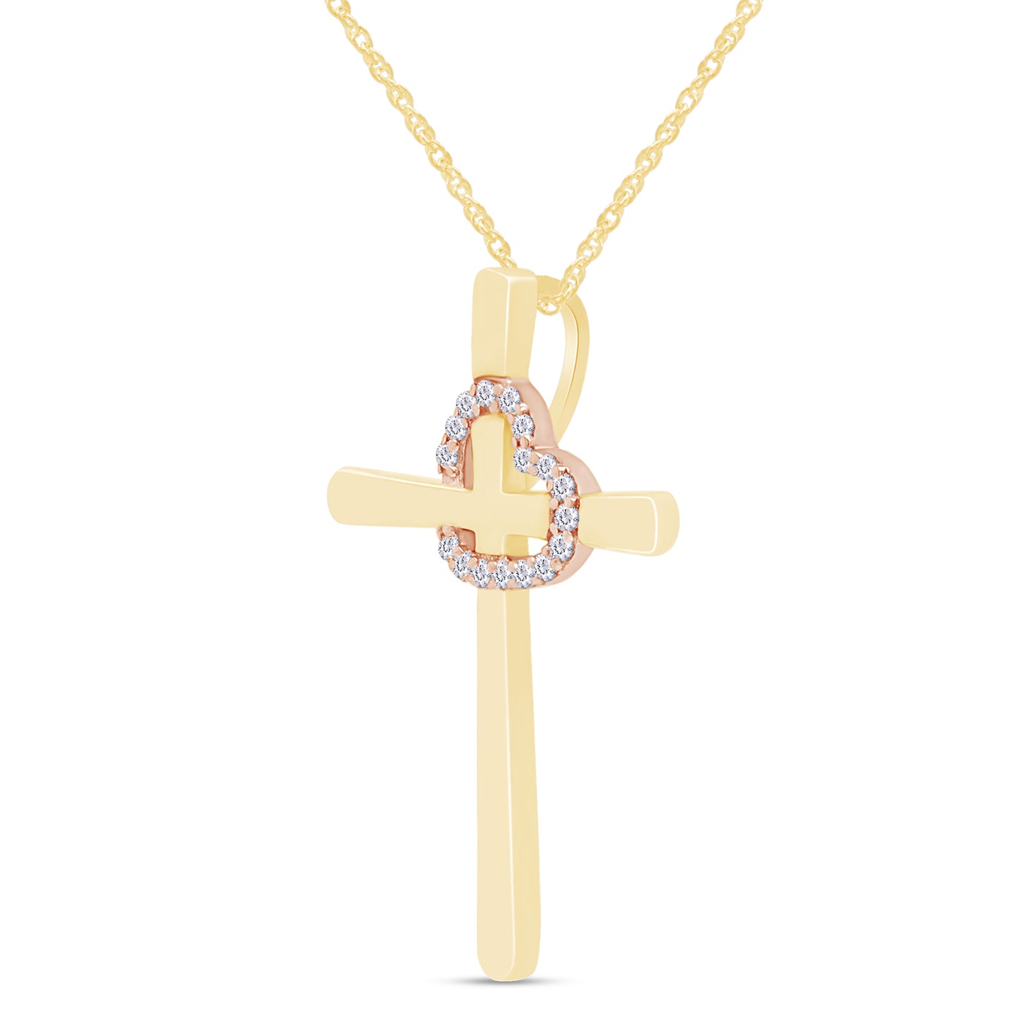 Load image into Gallery viewer, Round White Natural Diamond Accent Two Tone Cross With Tilted Heart Outline Pendant Necklace In 925 Sterling Silver (0.03 Cttw)
