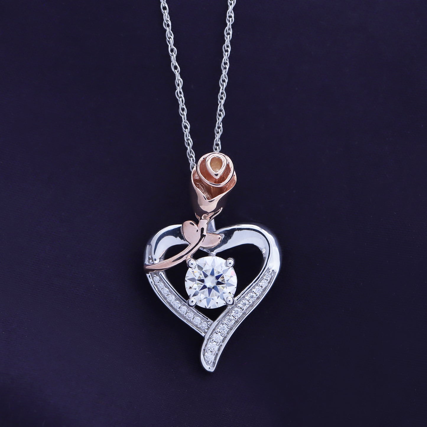 1 Carat Lab Created Moissanite Diamond Heart with Rose Pendant Necklace In 925 Sterling Silver