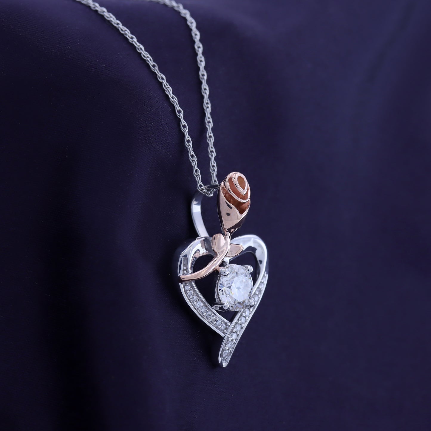 1 Carat Lab Created Moissanite Diamond Heart with Rose Pendant Necklace In 925 Sterling Silver