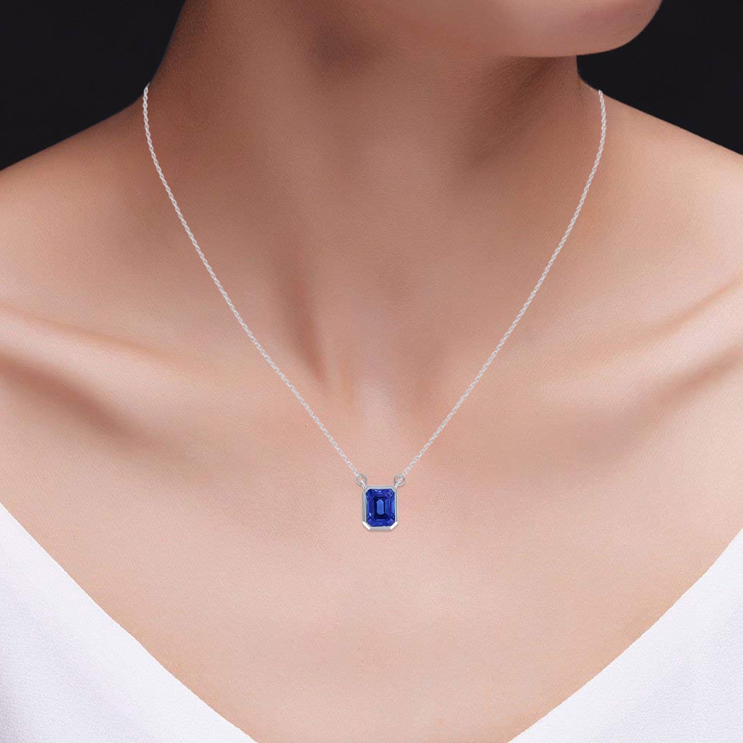 8X6MM Bezel Set Simulated Blue Sapphire Solitaire Pendant Necklace For Women In 10K & 14K Solid Gold And 925 Sterling Silver