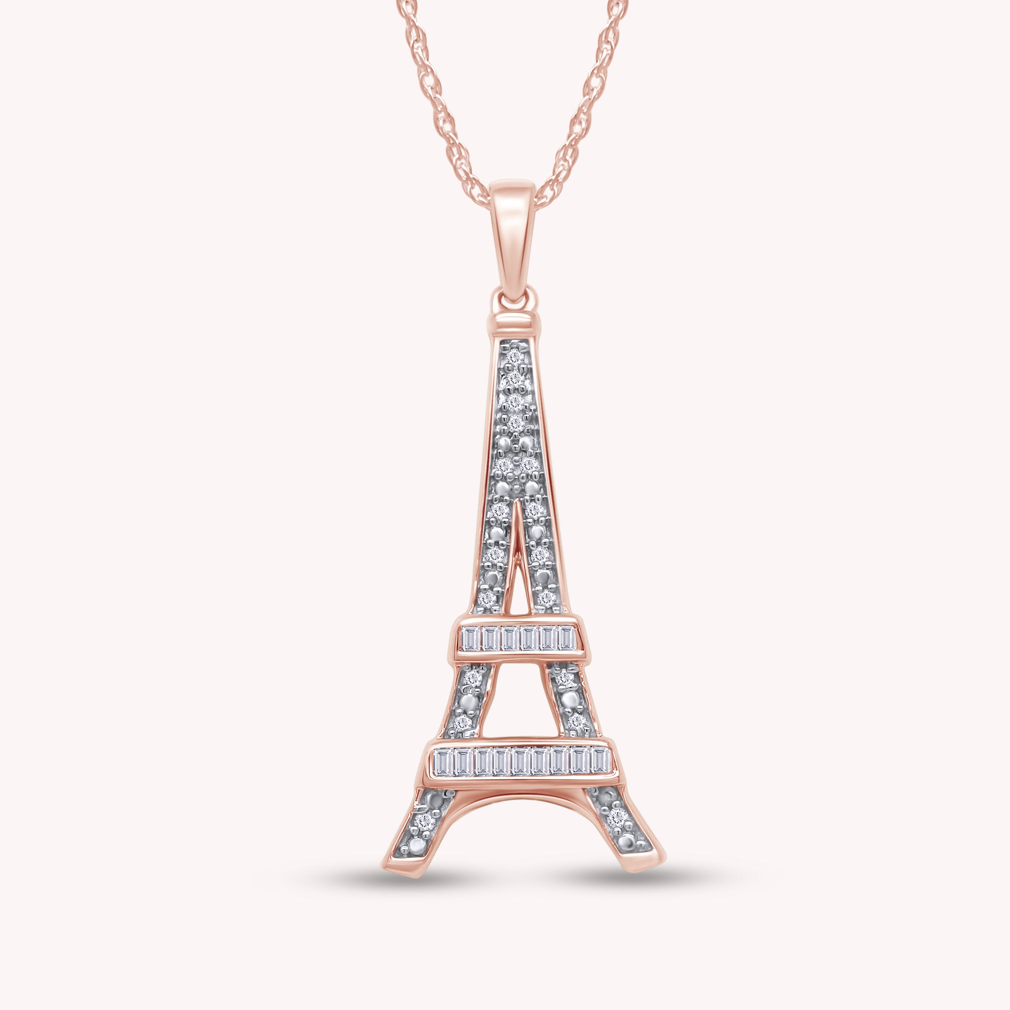 Round Natural Diamond Eiffel Tower Charm Pendant Necklace