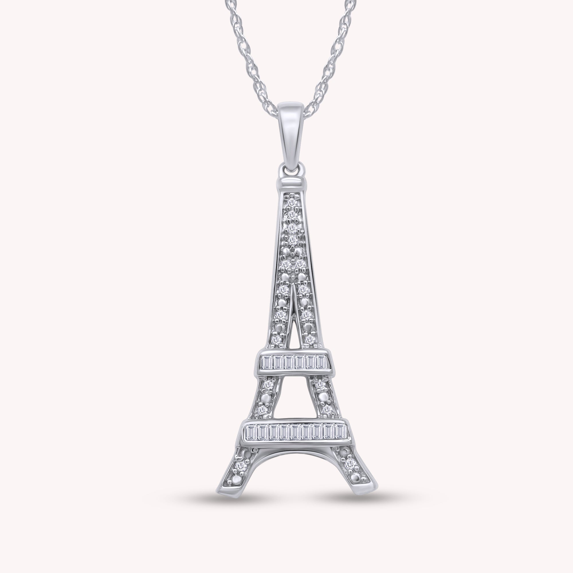 Round Natural Diamond Eiffel Tower Charm Pendant Necklace