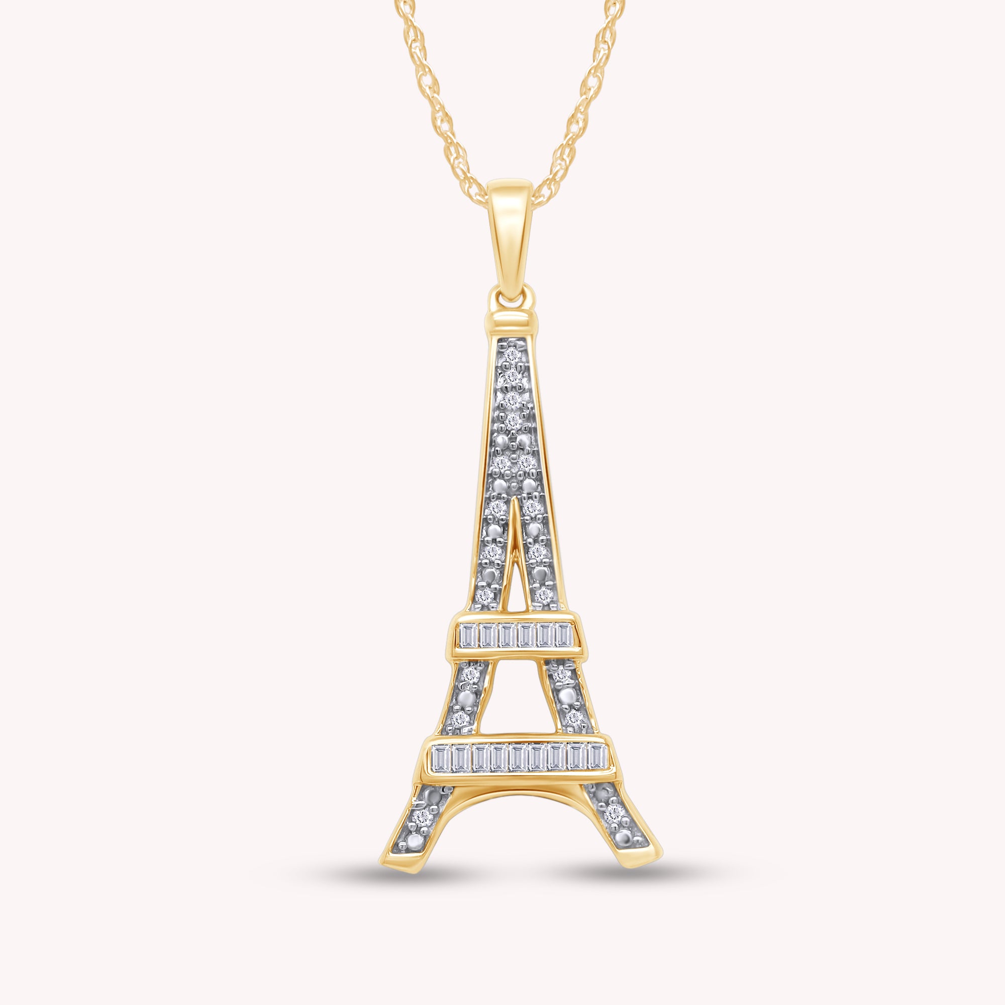 Round Natural Diamond Eiffel Tower Charm Pendant Necklace