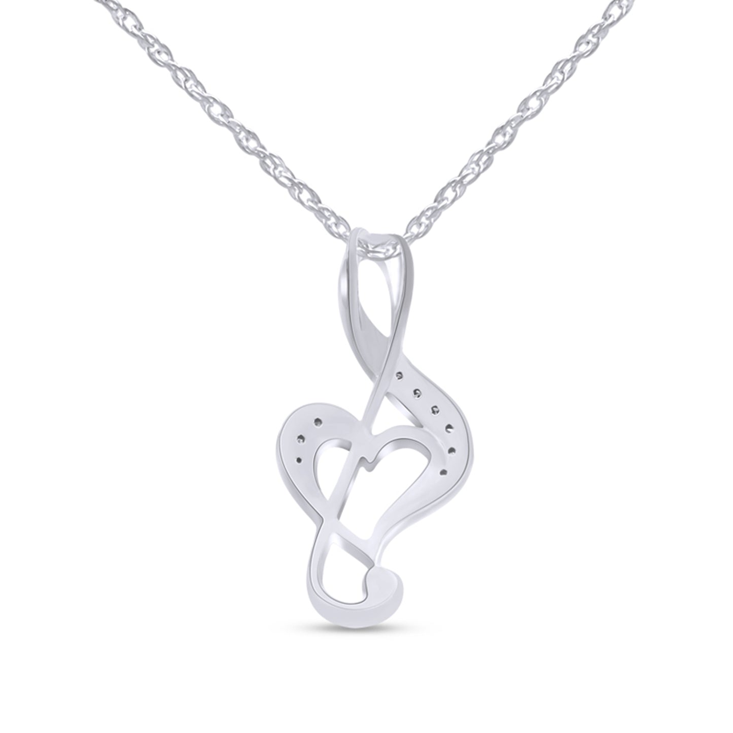 White Natural Diamond Music Note Heart Pendant Necklace For Women In 925 Sterling Silver (0.10 Cttw)