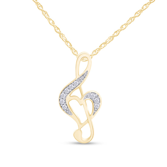 White Natural Diamond Music Note Heart Pendant Necklace For Women In 925 Sterling Silver (0.10 Cttw)