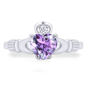 Heart Cut Simulated Birthstone & Cubic Zirconia Claddagh Ring In 14k White Gold Over Sterling Silver Jewelry Gift For Her