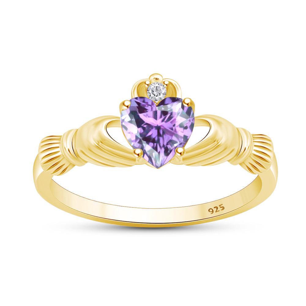 
                      
                        Heart Cut Simulated Birthstone & Cubic Zirconia Claddagh Ring In 14k Yellow Gold Over Sterling Silver Jewelry Gift For Her
                      
                    