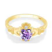 Heart Cut Simulated Birthstone & Cubic Zirconia Claddagh Ring