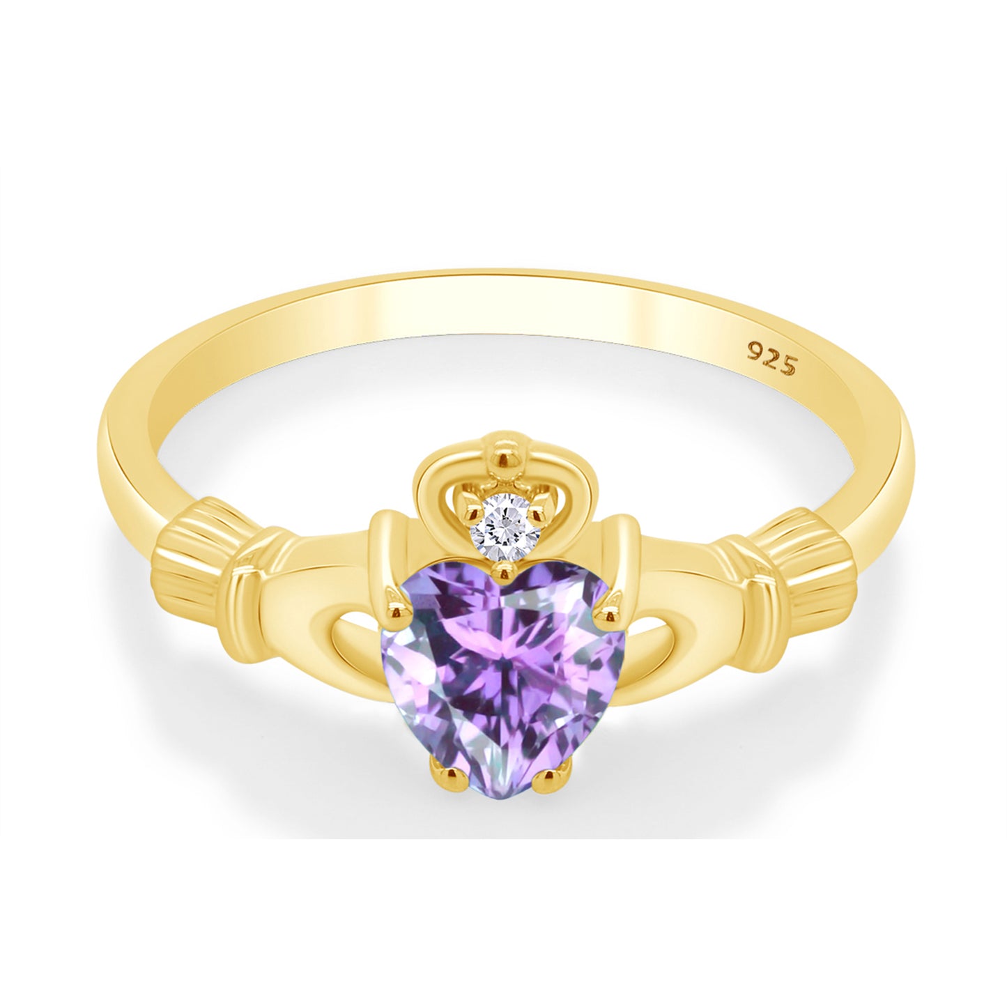 Heart Shaped Simulated Birth Stone & Round Cubic Zirconia Claddagh Ring For Women In 14K Yellow Gold Over Sterling Silver