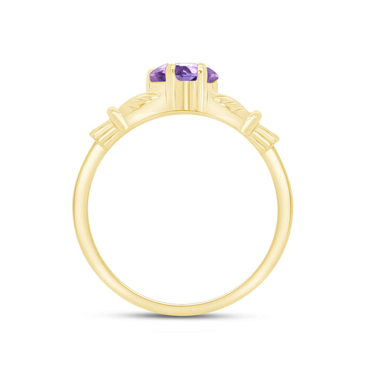 Heart Shaped Simulated Birth Stone & Round Cubic Zirconia Claddagh Ring For Women In 14K Yellow Gold Over Sterling Silver