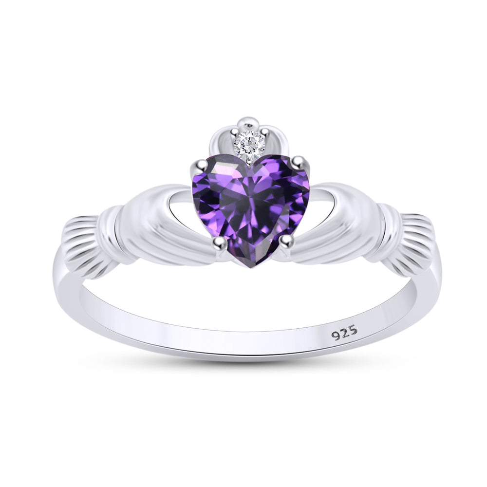 
                      
                        Heart Cut Simulated Birthstone & Cubic Zirconia Claddagh Ring In 14k White Gold Over Sterling Silver Jewelry Gift For Her
                      
                    