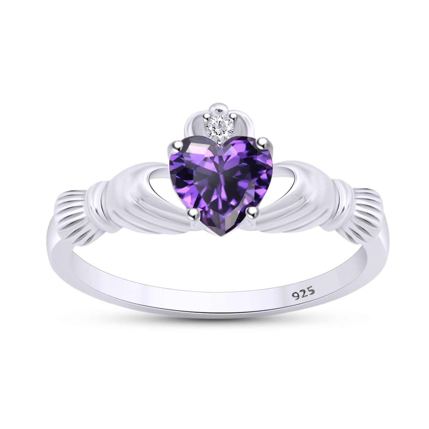 Load image into Gallery viewer, Heart Shaped Simulated Birth Stone &amp;amp; Round Cubic Zirconia Claddagh Ring For Women In 14K White Gold Over Sterling Silver
