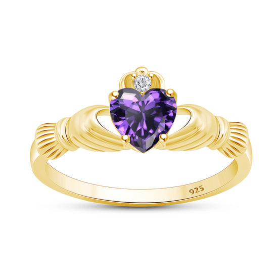 Heart Shaped Simulated Birth Stone & Round Cubic Zirconia Claddagh Ring For Women In 14K Yellow Gold Over Sterling Silver