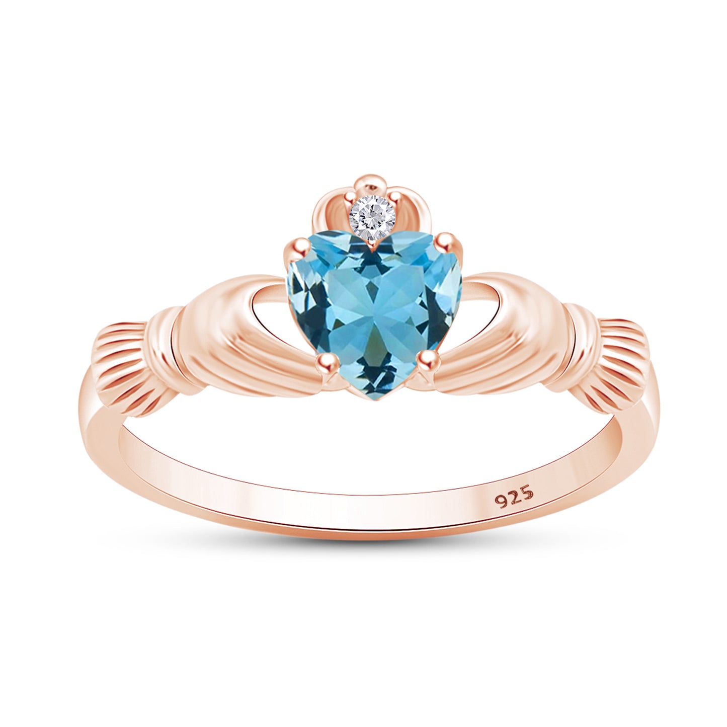 Heart Cut Simulated Birthstone & Cubic Zirconia Claddagh Ring In 14k Rose Gold Over Sterling Silver Jewelry, Mother's Day Gift For Her