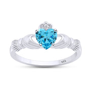 Heart Cut Simulated Birthstone & Cubic Zirconia Claddagh Ring In 14k White Gold Over Sterling Silver Jewelry Gift For Her