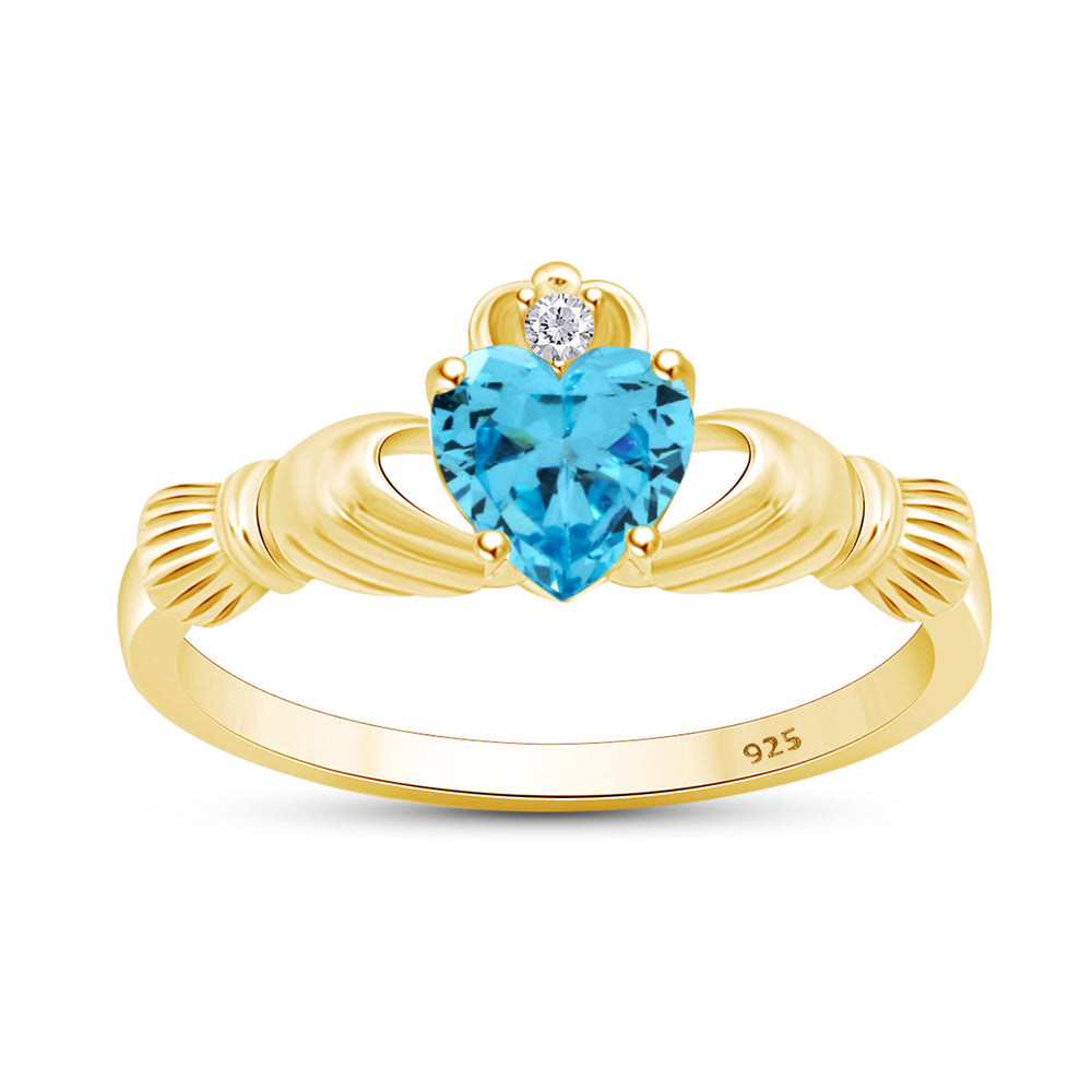 
                      
                        Heart Cut Simulated Birthstone & Cubic Zirconia Claddagh Ring In 14k Yellow Gold Over Sterling Silver Jewelry Gift For Her
                      
                    