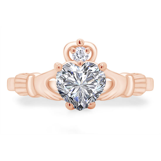 Heart Cut Simulated Birthstone & Cubic Zirconia Claddagh Ring In 14k Rose Gold Over Sterling Silver Jewelry, Mother's Day Gift For Her