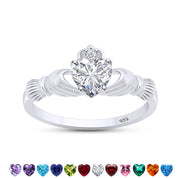 Heart Cut Simulated Birthstone & Cubic Zirconia Claddagh Ring In 14k White Gold Over Sterling Silver Jewelry Gift For Her