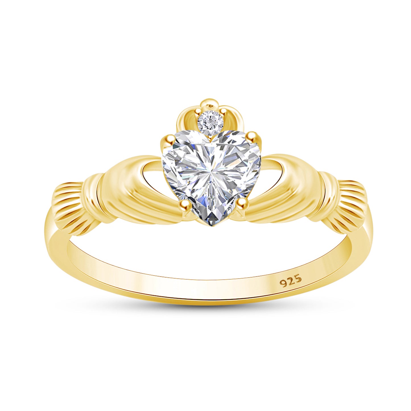 Heart Shaped Simulated Birth Stone & Round Cubic Zirconia Claddagh Ring For Women In 14K Yellow Gold Over Sterling Silver