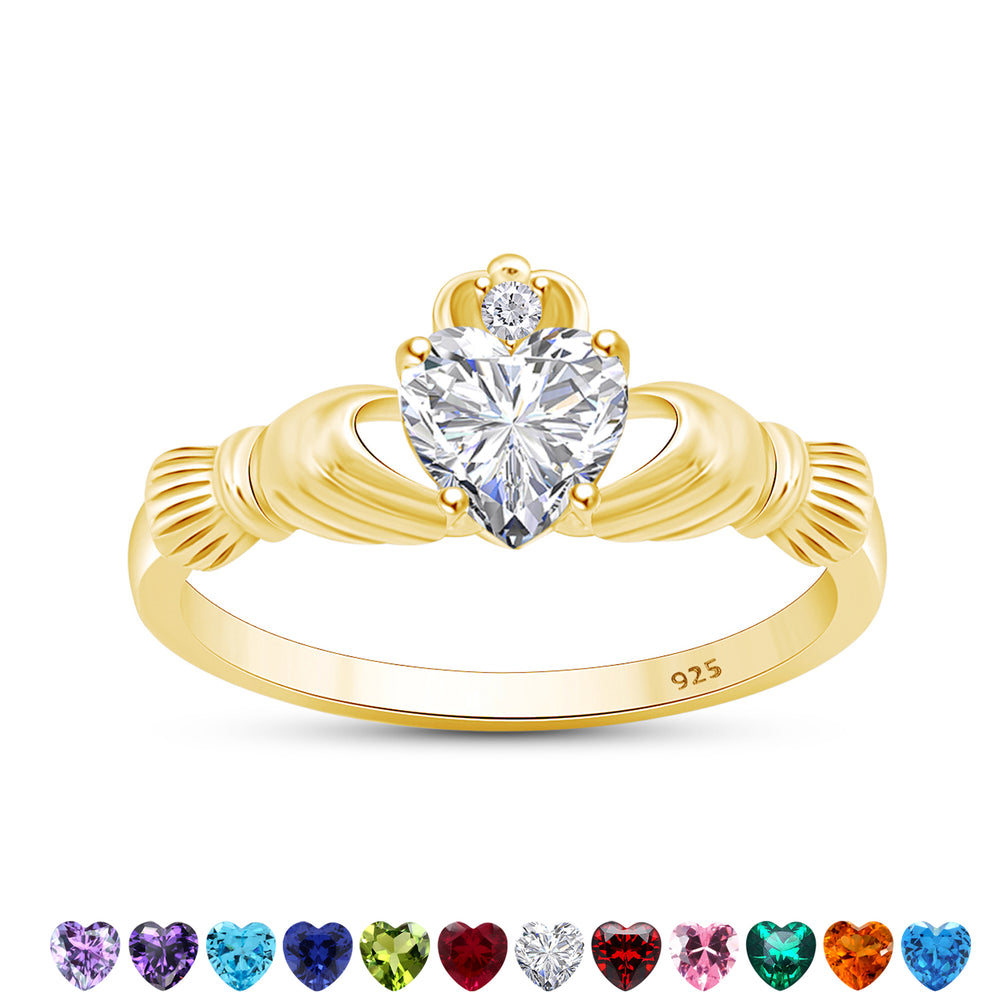 
                      
                        Heart Cut Simulated Birthstone & Cubic Zirconia Claddagh Ring In 14k Yellow Gold Over Sterling Silver Jewelry Gift For Her
                      
                    