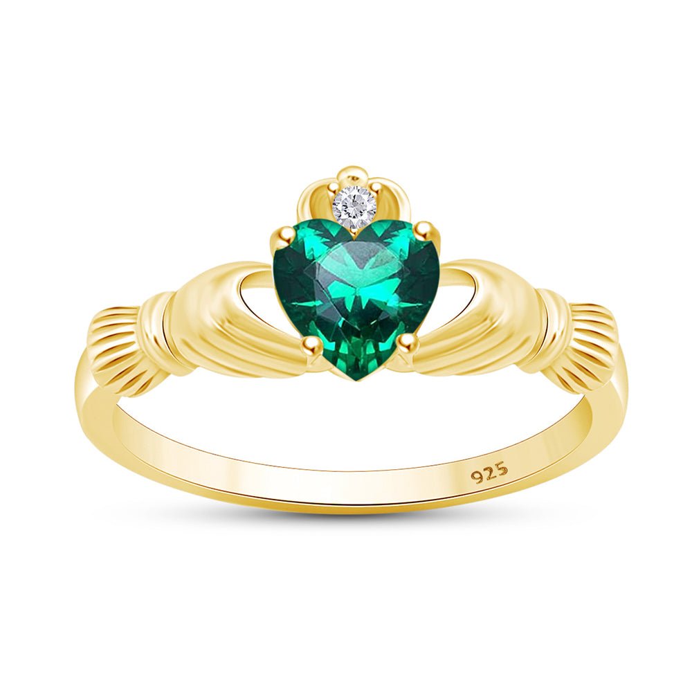 Heart Cut Simulated Birthstone & Cubic Zirconia Claddagh Ring In 14k Yellow Gold Over Sterling Silver Jewelry Gift For Her