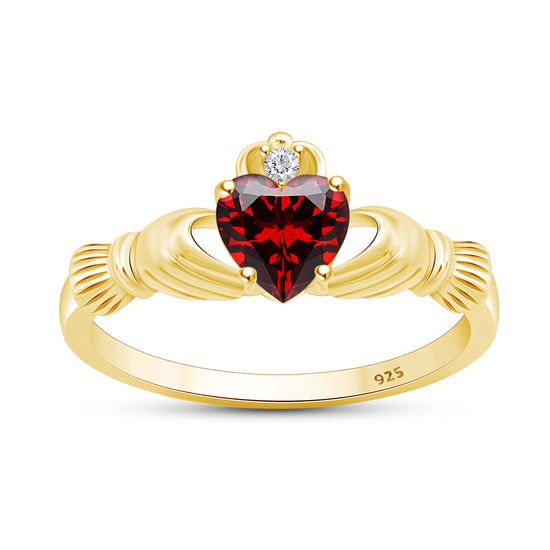 Heart Shaped Simulated Birth Stone & Round Cubic Zirconia Claddagh Ring For Women In 14K Yellow Gold Over Sterling Silver