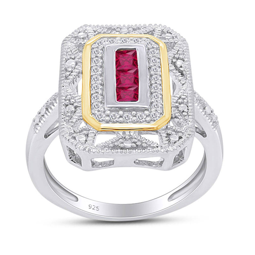 0.30 Carat Princess Cut Simulated Ruby & White Natural Diamond Two Tone Ring In 925 Sterling Silver