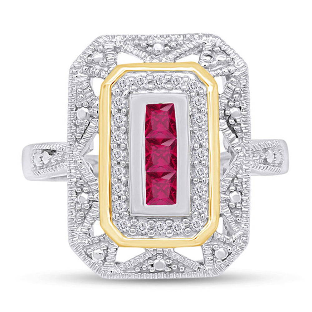 0.30 Carat Princess Cut Simulated Ruby & White Natural Diamond Two Tone Ring In 925 Sterling Silver