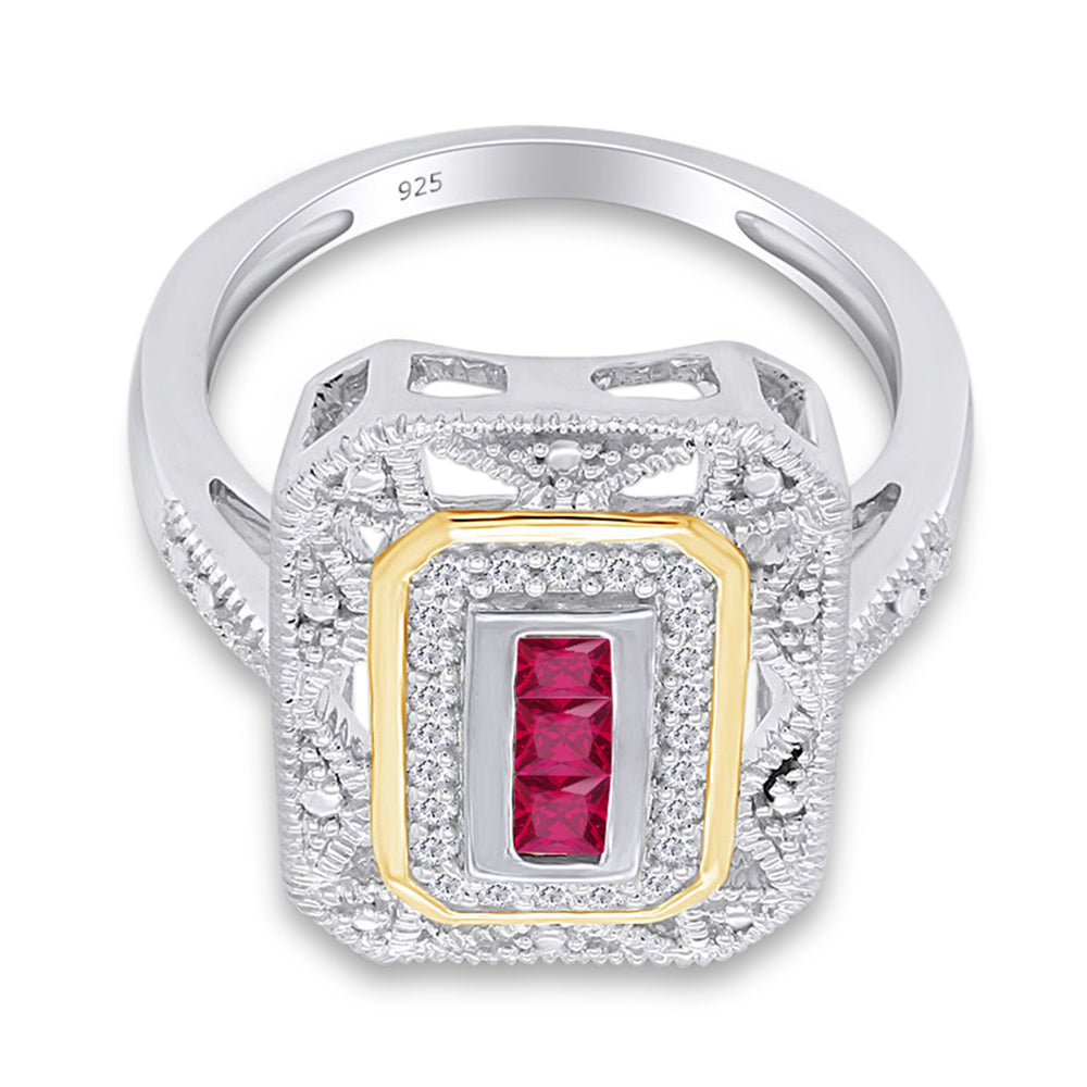 
                      
                        0.30 Carat Princess Cut Simulated Ruby & White Natural Diamond Two Tone Ring In 925 Sterling Silver
                      
                    