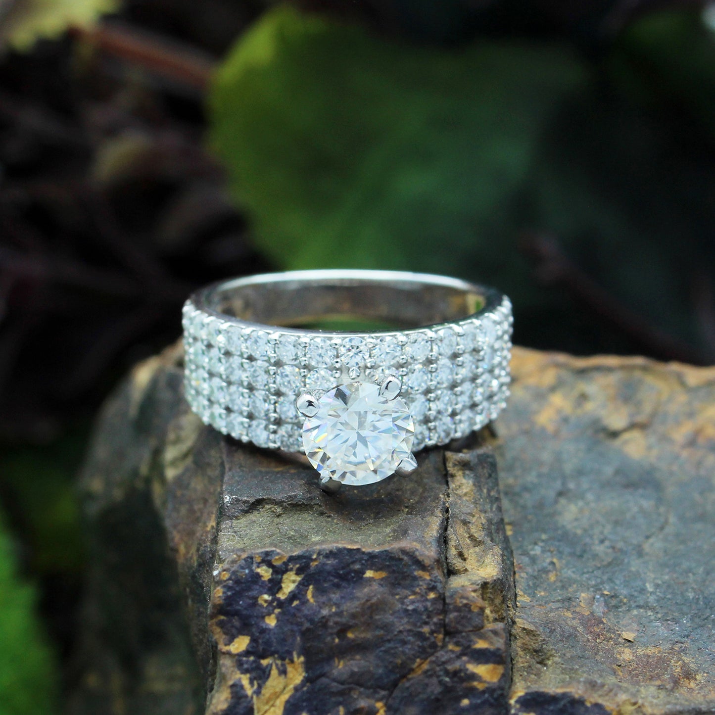 6.5MM Center Round Cut Lab Created Moissanite Diamond 4-Row Solitaire Ring In 925 Sterling Silver (2.25 Cttw)