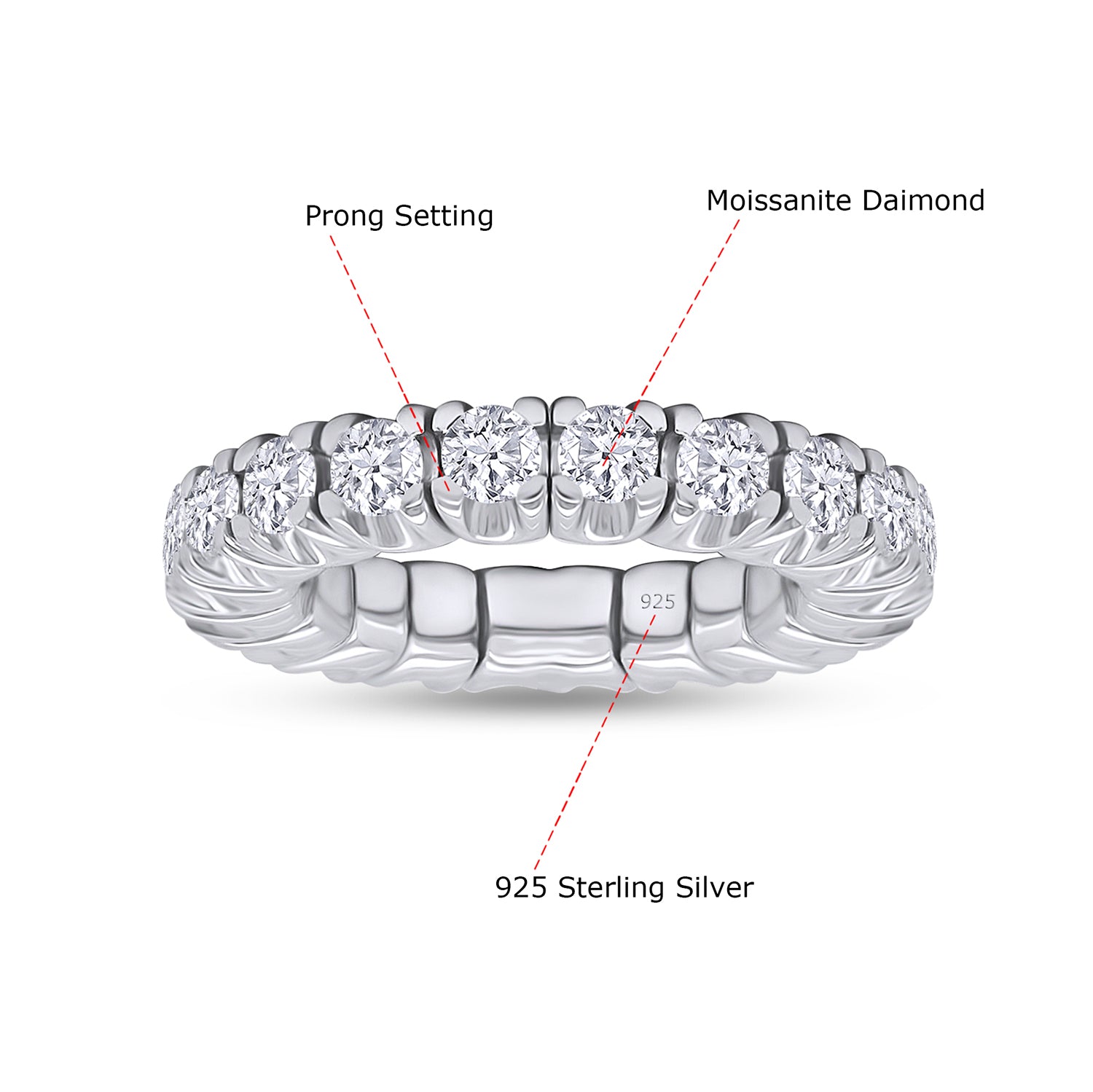 2 1/4 Carat Round Shape Lab Created Moissanite Stretchable Eternity Engagement Ring For Women In 925 Sterling Silver & 10K Or 14K Solid Gold Jewelry (2.25 Cttw)