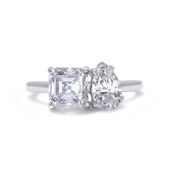 2 1/3 Carat Pear & Asscher Lab Created Moissanite Diamond Toi Et Moi 2-Stone Engagement Ring For Women In 925 Sterling Silver